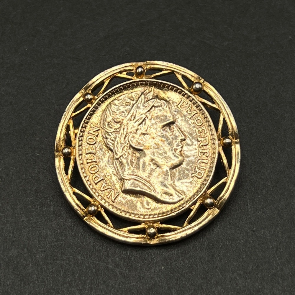 Vintage Coin Brooch Gold Tone Faux Coin Pin Napoleon Empereur